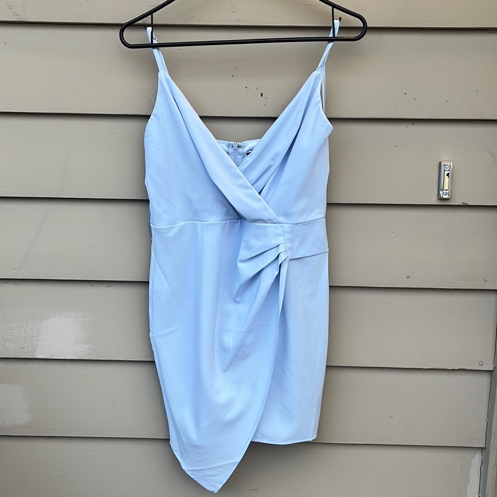 Light blue mini asymmetrical dress Blue Blush dress from Mesh